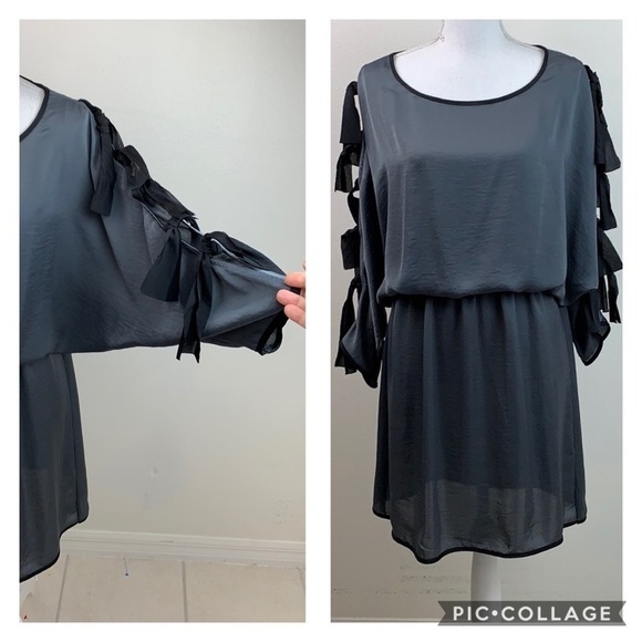 NWT THREAD silky elastic waist work part designer dress bow tie bat wing sleeves - Picture 1 of 14